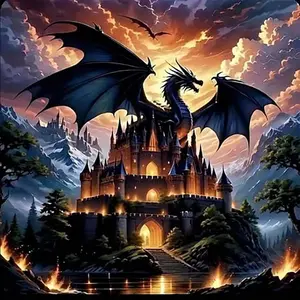 1 set of DIY diamond painting kit, 5D diamond art kit, DIY decoration dragon, castle, flame. Mosaic, diamond art, DIY art home decoration. Diamond Art Tools, Handicraft