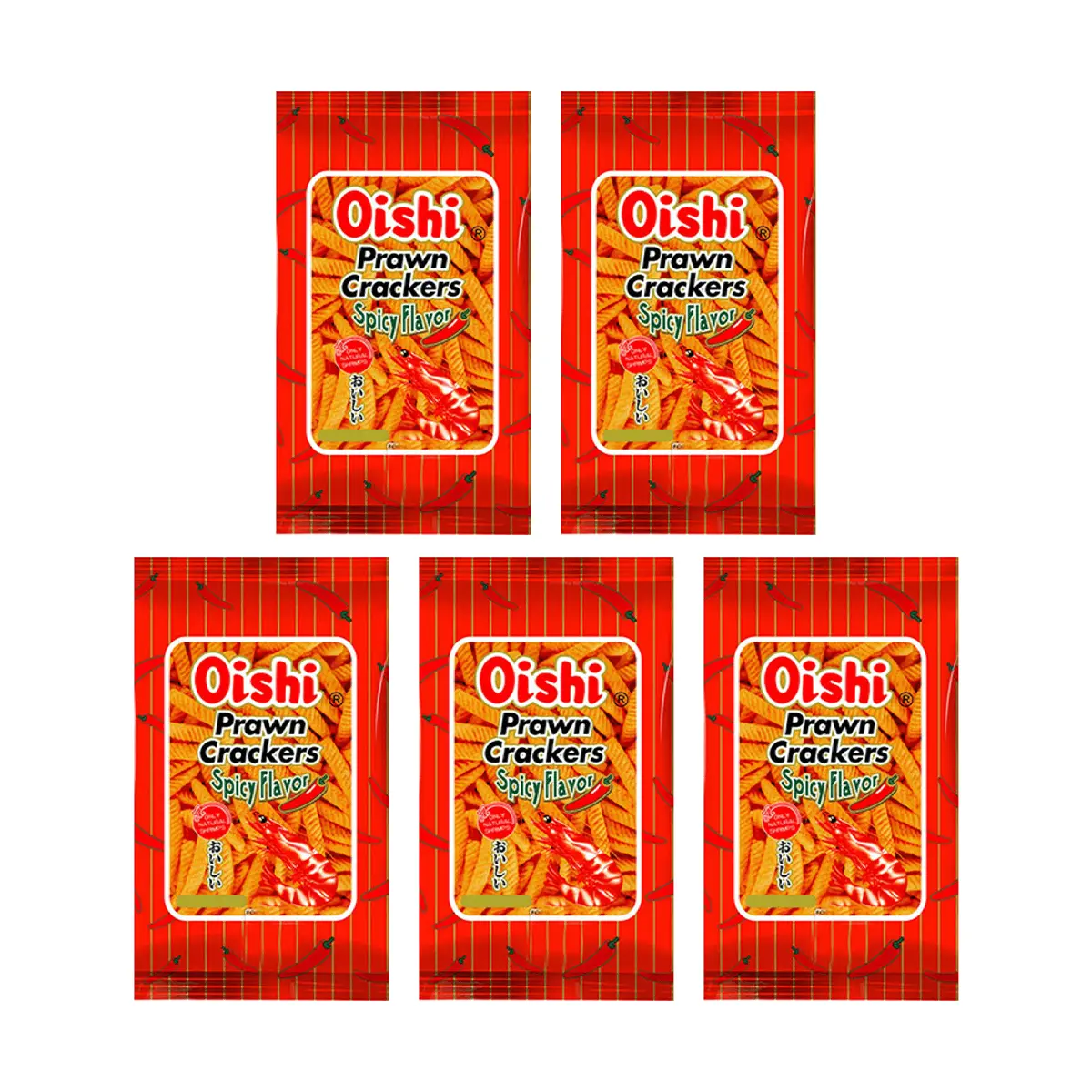 OISHI Spicy Shrimp Crackers Snack, 5 Packs Value Size 60g Each - Crispy Seafood Flavor, Perfect for Parties & On-the-Go