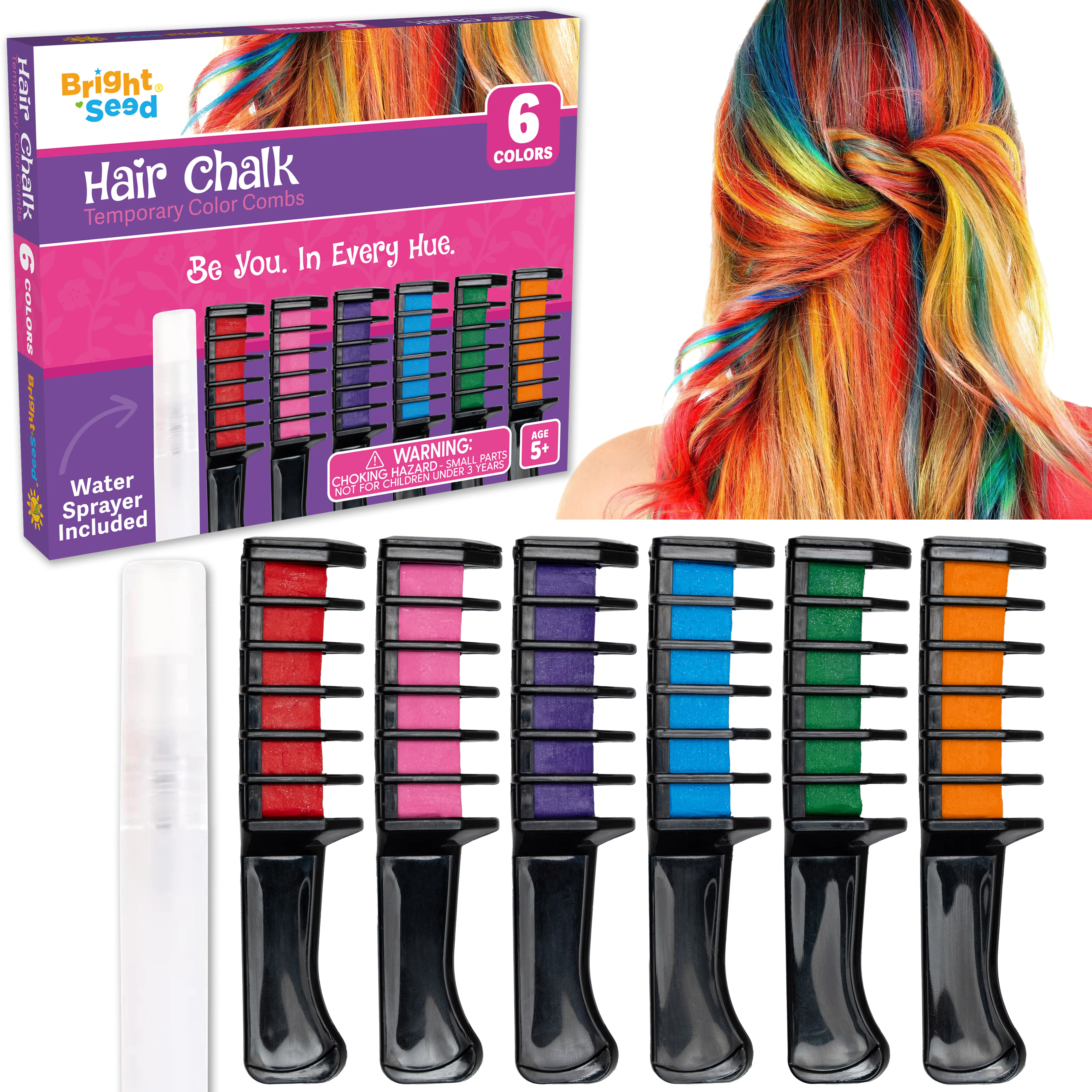 Bright Seed Kids' Hair Chalk Set - 6 Vibrant Colors, 10 ml Washable Temporary Dye with Glycerin & 10-Hydroxystearic Acid, Easy-Apply Makeup Kit with Water Sprayer, Gift for Teens, Haircare, Ci 77891, Encourages Creativity, Rainbow Hair Color, Children