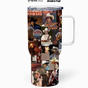 George Strait Country Music Tumbler 40oz Stainless Steel Cup with Handle, Western Cowboy Style Travel Mug, Gift for Country Music Lovers Fans