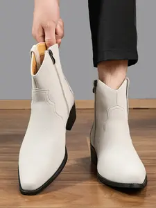Men's PU Leather High Heel Chelsea Boots, Comfortable Breathable Fashion Party Shoes, Pointed Toe Stylish Ankle Booties, Western Inspired Boots