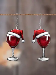 1 Pair Of Christmas Wine Glass Pendant Earrings Cartoon Design Acrylic Material Christmas Gift