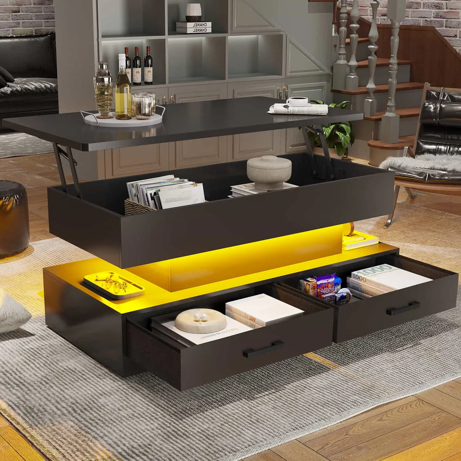 SIKAIC Modern 40-in Convertible Crafted Furniture-Style Drawer-Style Lift-Top Coffee Table - Black Indoor Furniture with 2 Drawers and LED Lights, Convertible Coffee Tables, Crafted Coffee Tables