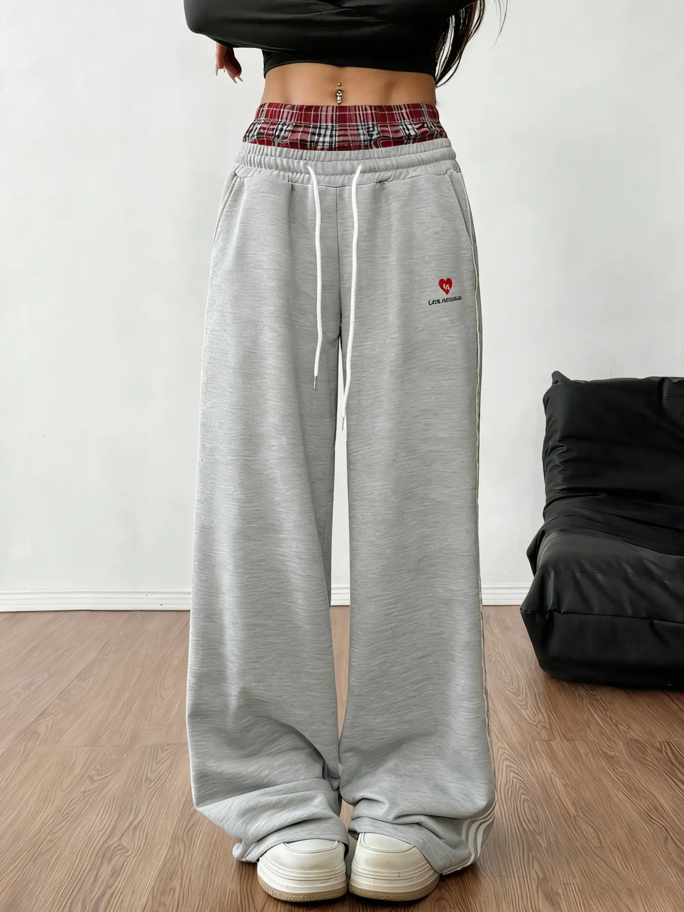 Women's Two-Piece Casual Drawstring Wide Leg Pants, High Waist Loose Fit, Heart Letter Print, Valentine's Day Style, Spring & Fall Fashion, Casual Lounge Pant