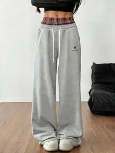 Women's Two-Piece Casual Drawstring Wide Leg Pants, High Waist Loose Fit, Heart Letter Print, Valentine's Day Style, Spring & Fall Fashion, Casual Lounge Pant