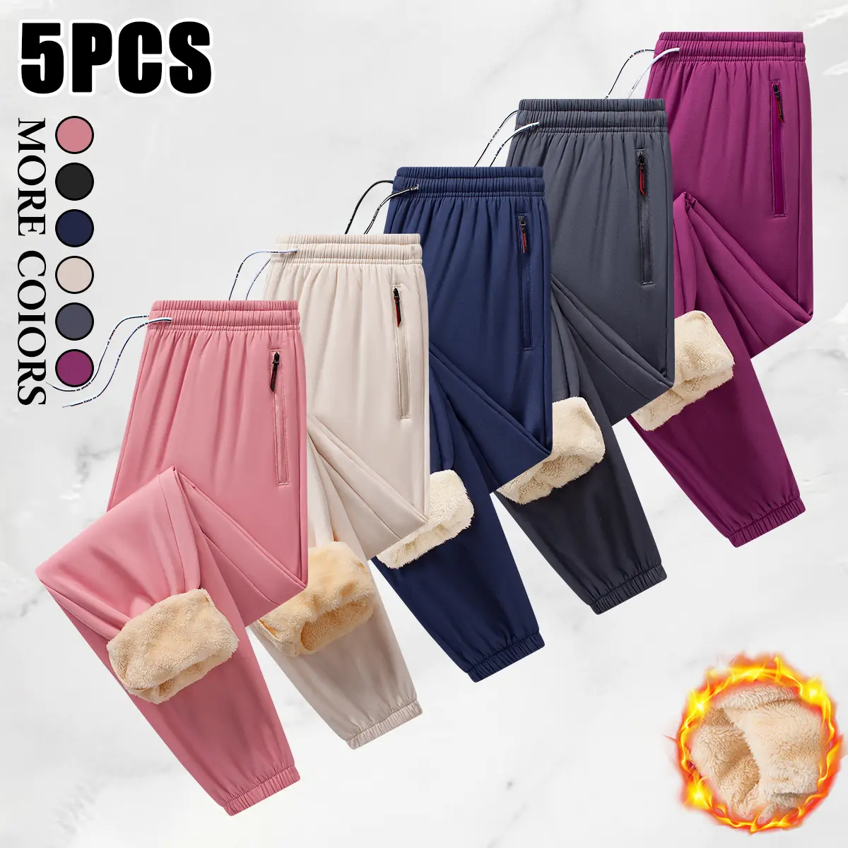 Women’s 5-pack fleece-lined casual pants — 100% polyester fiber, comfortable and warm.Adjustable drawstring, zippered pocket, ribbed cuffs.Suitable for relaxing, working from home, doing housework, etc.