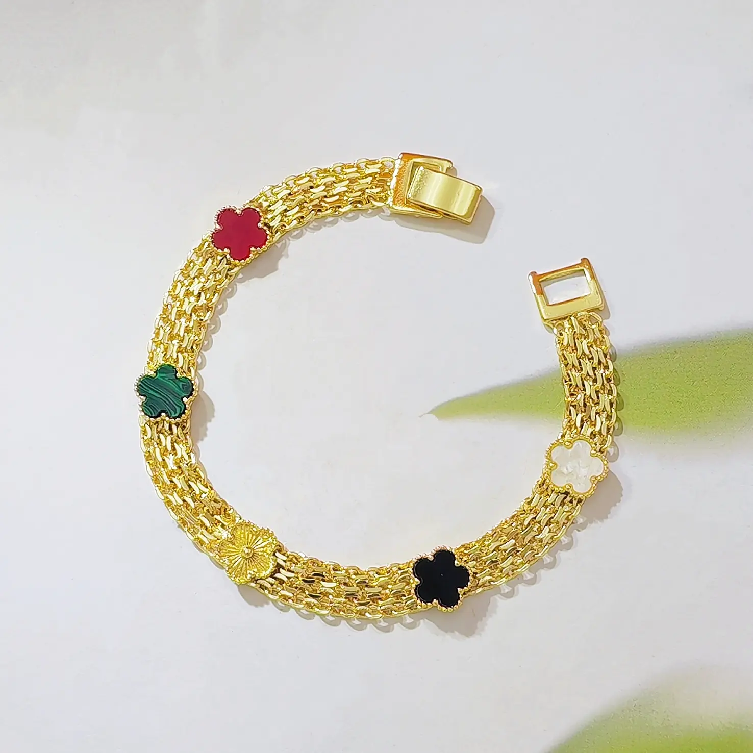 Lucky Multi-Color Flower Bracelet - 18K Gold Plated Wide Mesh Chain Bracelet with Vibrant Colored Charms, Non-Tarnish, Adjustable Buckle, Elegant Stackable Jewelry for Women