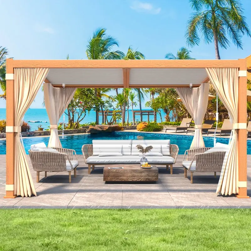 11' × 13' Louvered Pergola with Adjustable Aluminum Roof, Waterproof Curtains & Nets, Outdoor Patio Pergola