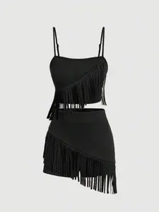 Women's 2pcs Black Suede Fringe Set, Music Festival Outfit, Western Style