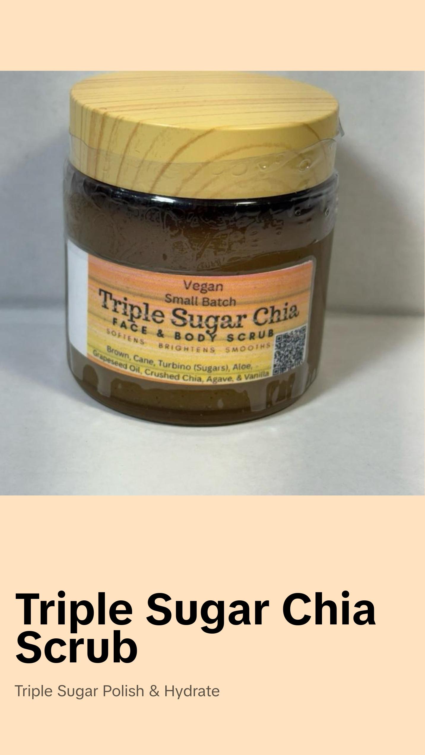 Triple Sugar Chia Sugar Scrub - 3 Sugar Chia Body Scrub Exfoliating & Skin Softening Vegan Formula with Brown Raw & Cane Sugar Omega-Rich Chia Seeds & Moisturizing Oils Aloe Aloe Vera