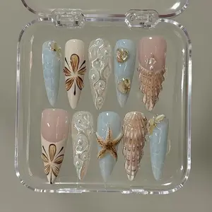 Starfish nails,Blue hand painted nail,custom press on nails,3D Nails,Gel Nails,Acrylic Nails ,Fake nails,Nail Art,Seashell nails