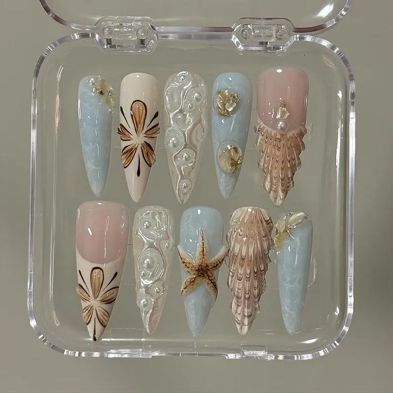 Starfish nails,Blue hand painted nail,custom press on nails,3D Nails,Gel Nails,Acrylic Nails ,Fake nails,Nail Art,Seashell nails