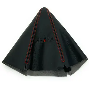 Tanaka Universal Manual Gear Shift Boot Cover - Premium Black PVC Leather with Red Stitching & Embroidered Logo - Dust Proof Shifter Protector for Car Truck SUV - Racing Style Interior Accessory