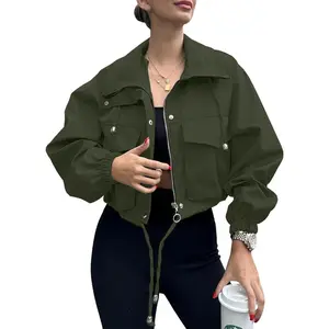 SUNDAY MIRTH Womens Cropped Bomber Jacket Lightweight Military Fall Utility Safari Zip Up Anorak Coat with Pockets
