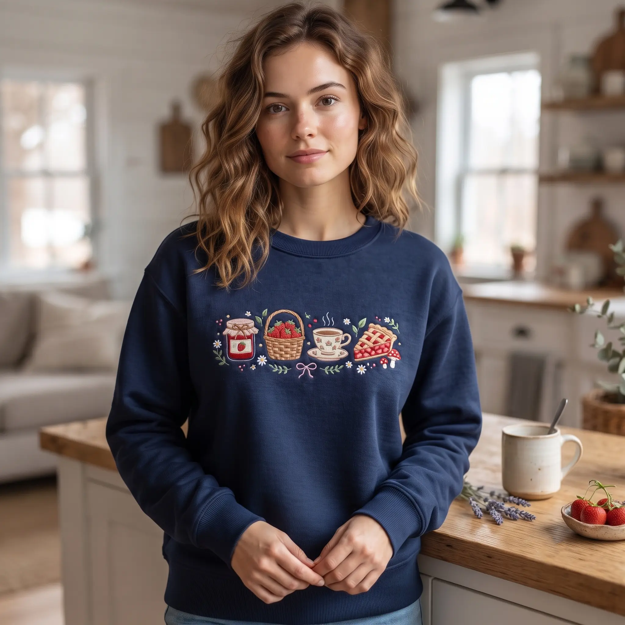 Embroidered Strawberry Tea Sweatshirt, Cottagecore Picnic Crewneck, Jam and Pie Pullover, Cozy Berry Inspired Gift for Cottage Life Lovers