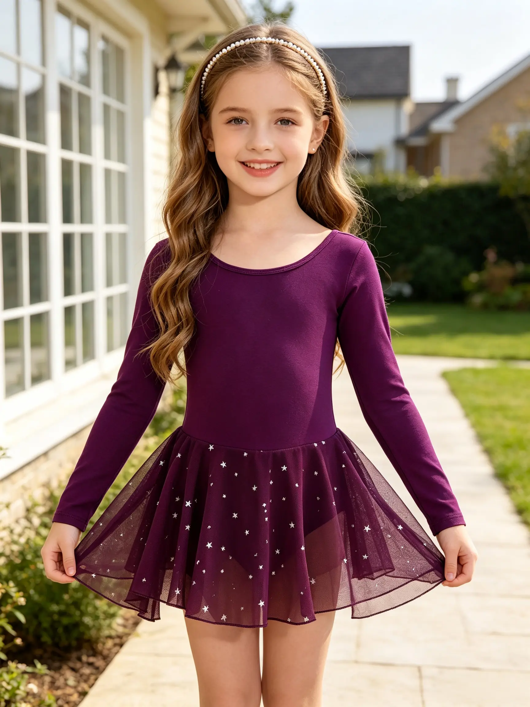 Toddler Ballet Leotard with Polyester Tulle Skirt, Girls' Comfy Long-Sleeve Star Print Dance Clothes for Kids, Kids Clothing Girls, Girls Clothes For Kids