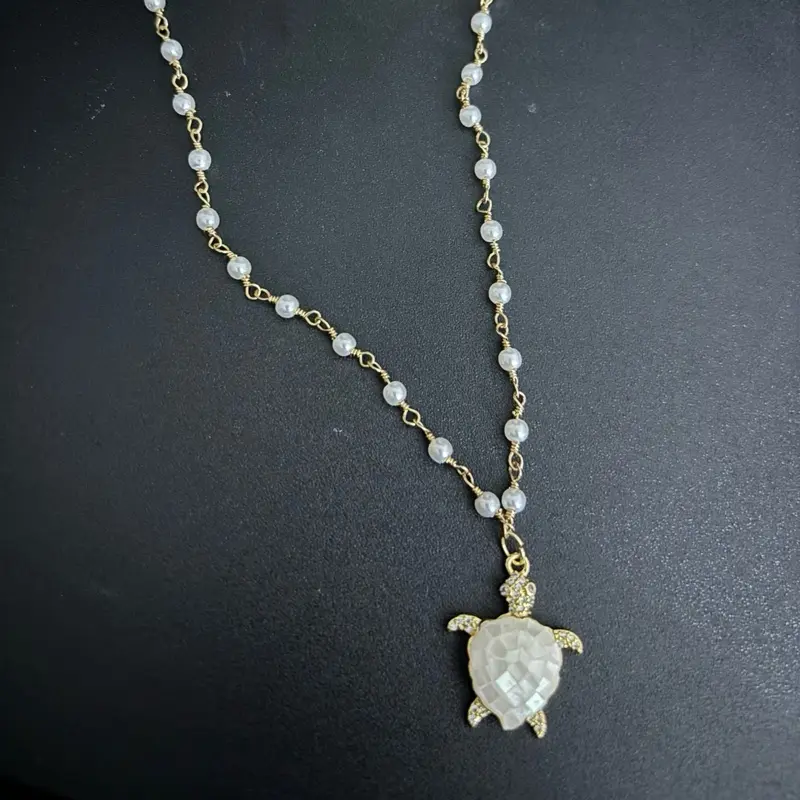 Sea Turtle Pearl Necklace with Gold Chain and White Beads for Women