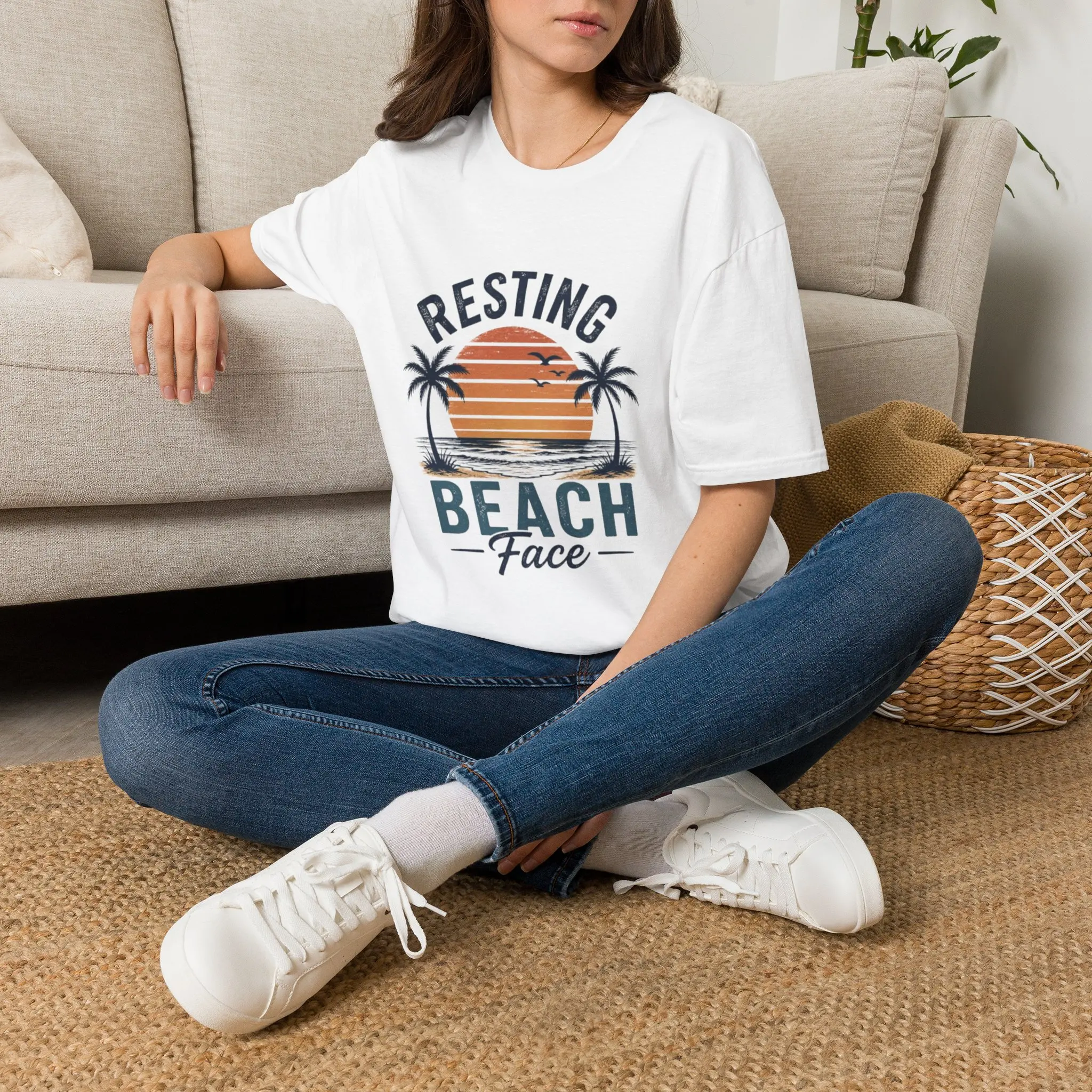 Resting Beach Face Graphic T-Shirt for Men, Soft Lightweight Cotton Crew Neck Tee, Casual Surf Vibe Sunset Print, Tops, All Seasons, Cold Wash, Crisp Chest And Sleeve Prints, Do Not Bleach, Smooth, Menswear, Ribbed
