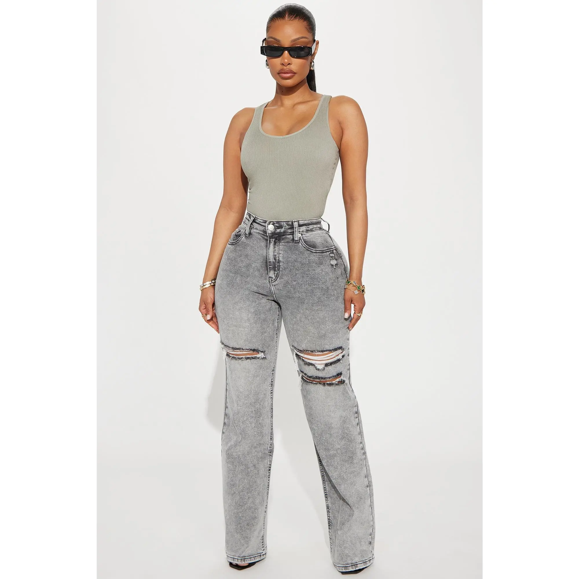 Remi Ripped Stretch Baggy Jeans - Grey Remi Ripped Stretch Baggy Jeans - Grey