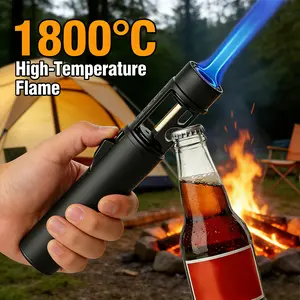 Windproof Heavy-Duty Metal Torch Lighter, Refillable Butane with Blue Flame, Features Adjustable Control And 360° Ignition, Dual-Purpose Bottle Opener, Suitable for Camping And Barbecuing (Butane Gas Not Included), Without Battery