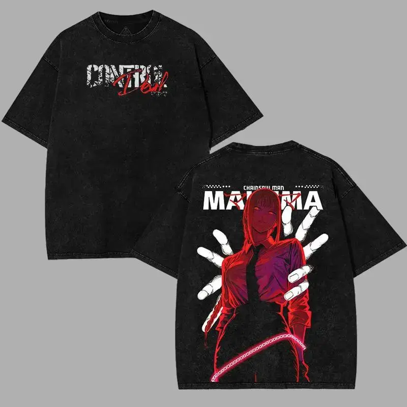 valentine shirts Chainsaw Man Makima Control Devil villains v4 Washed T-shirt Double-Sided Print, Anime Manga Washed Shirt Graphic tees Cotton streetwear vintage unisex merch