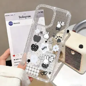 Cute Miffy Bunny Pattern Glitter Bling Diamond Case for iPhone 17 16 15 14 13 12 Pro Max Plus,Luxury Sparkle Rhinestone Soft Silicone Protective Bumper Cover for Women and Girls