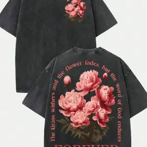 Men's washed short sleeve T-shirt Vintage rose print loose casual top trendy couple style summer new FOREVER letter design fashionable and versatile men's clothing ST2