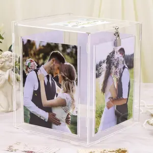 Wedding Card Box with Picture Frame, Clear  Card Box for Wedding Reception, Large Rotatable  Envelope Card Box Holder with Lock for Graduation Party Birthday  Shower