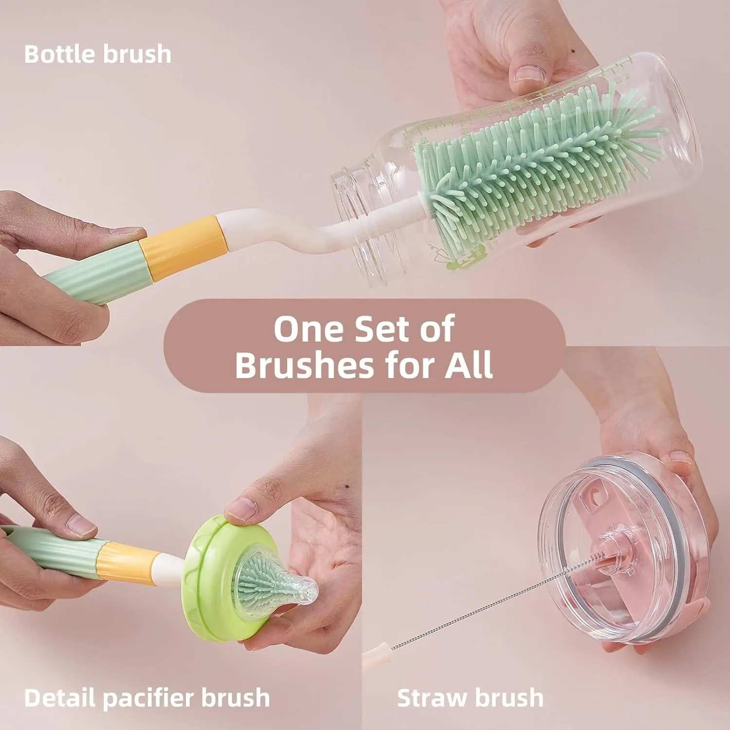 3 in 1 Baby Silicone Bottle Brush Set - Food Grade Silicone, Multipurpose Cleaner with Storage Holder, Effortless Scrubbing (Green)