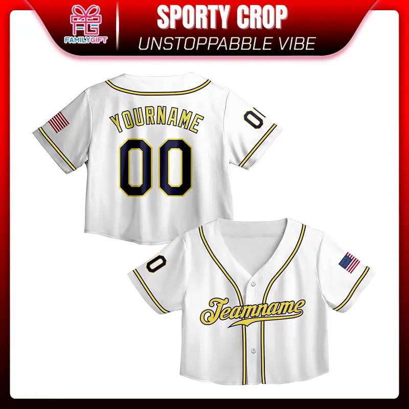 Custom White Baseball Jersey Crop Top – Personalized Name & Number, Yellow & Black Trim, USA Flag Patch, Team Gift or Summer Game Day Shirt for Women