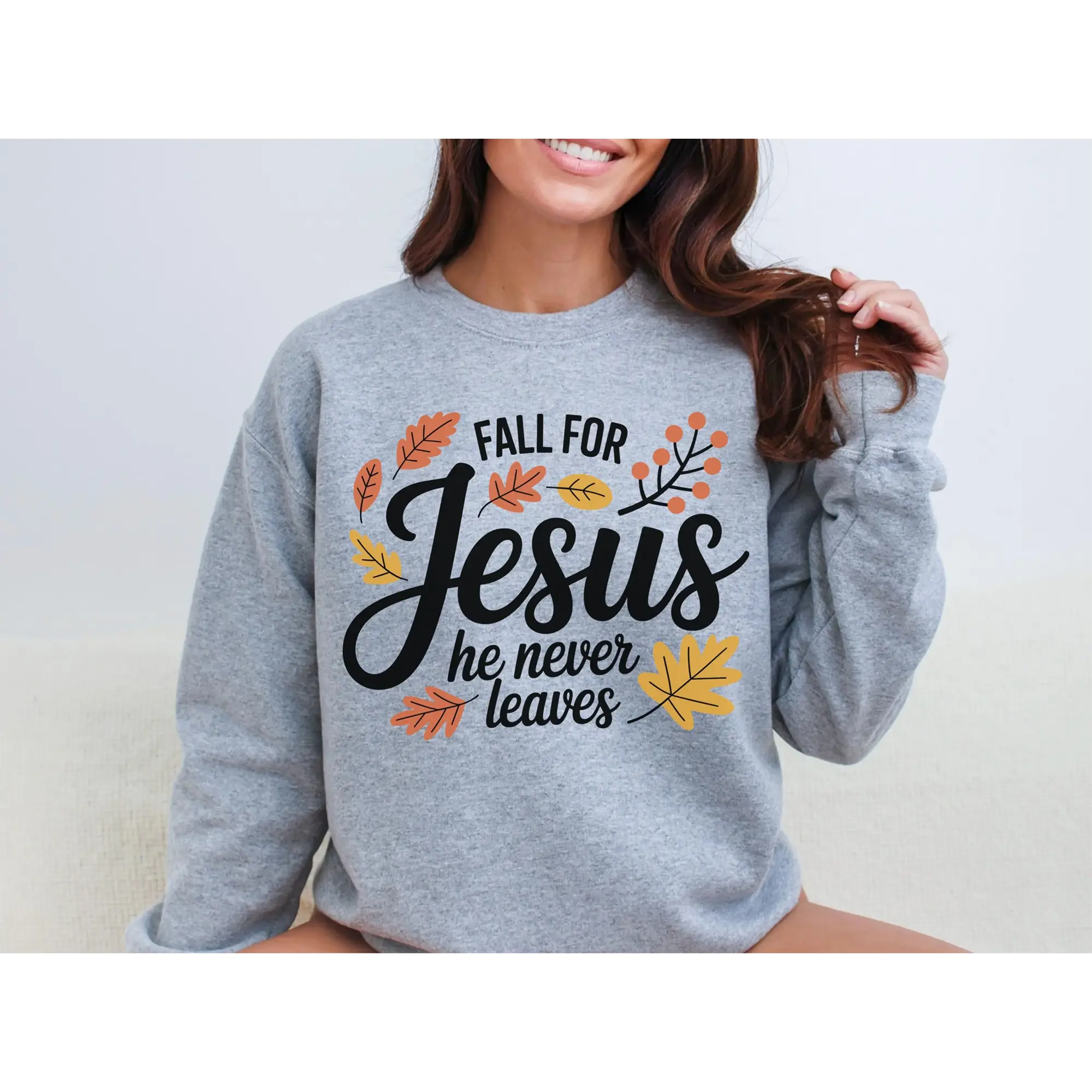 Fall for Jesus He Never Leaves Christian Sweatshirt, Faith-Based Autumn Crewneck, Cozy Religious Sweater, Catholic Gift for Men and Women