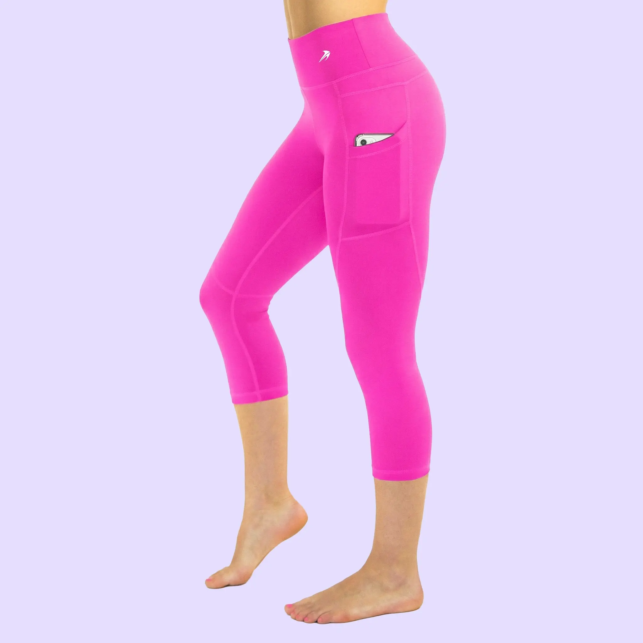Women's Compression Capris Workout Wear - Pink Poly-Spandex Quick Dry Anti-Odour Sports Bottoms with Pockets for Muscle Support & Faster Recovery