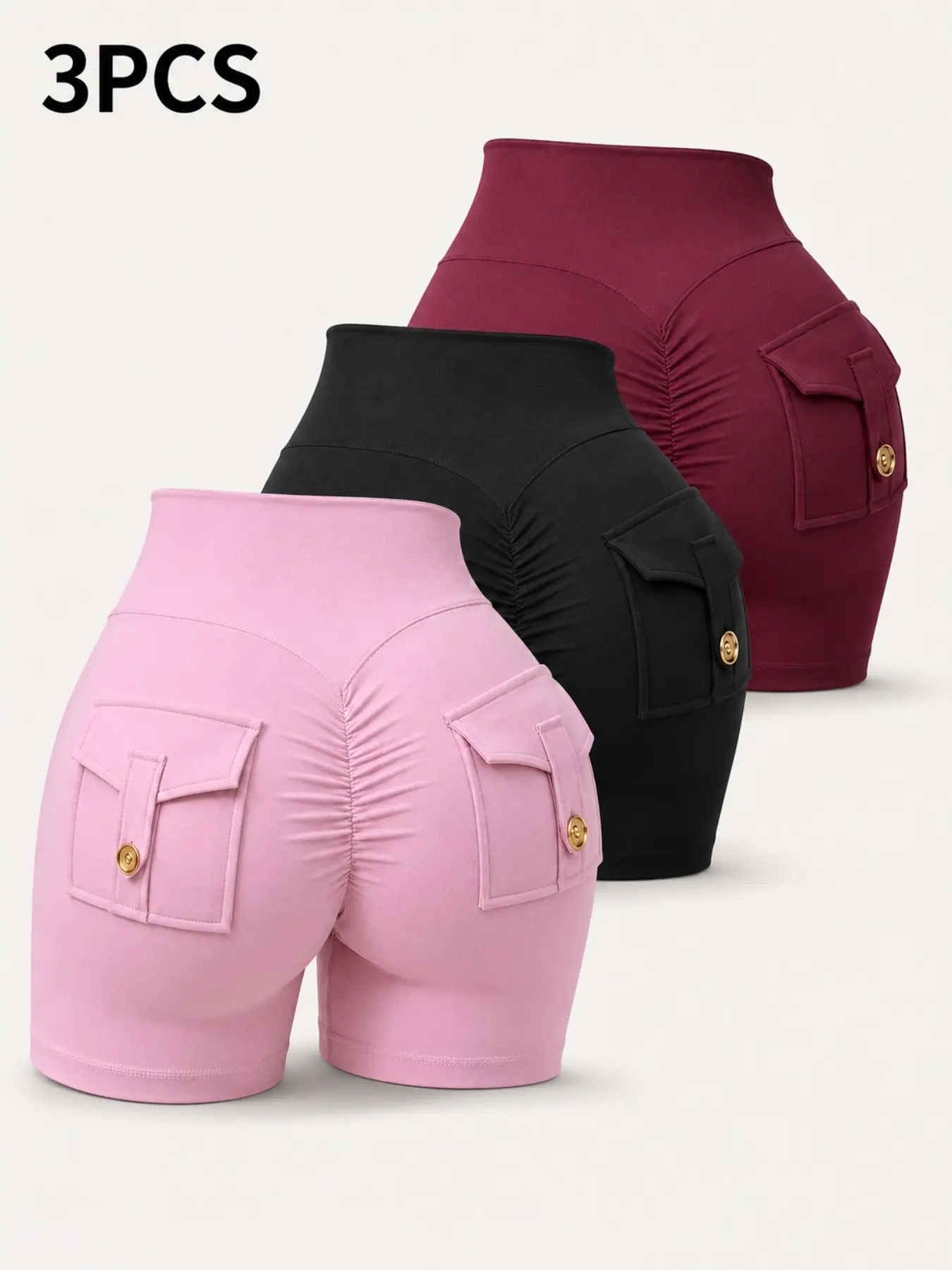 3 Pcs Plain Color Workout Yoga Athletic Wear Shorts, Back Pocket Design, Sporty Style, Summer Fitness Apparel for Women, European and American Fashion, Comfy Stretchy Shorts
