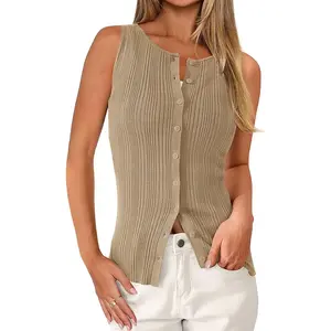 PrettyGarden Women's Ribbed Tank Tops Summer Open Front Button Down Sleeveless Shirts Going Out Spring Fashion Vest Tops, Y2K Womenswear Camisole Pieces