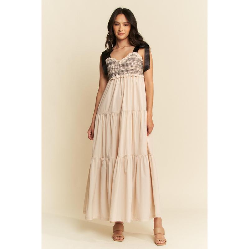 Davi & Dani Multi Contrast Smocked Bodice Straps Maxi Dress