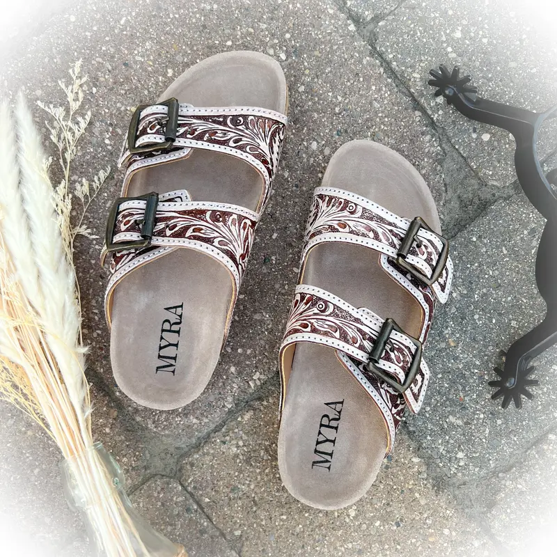White Canyon Western Tooled Leather Sandal Slides - Brown & White Open Toed Slippers Casual