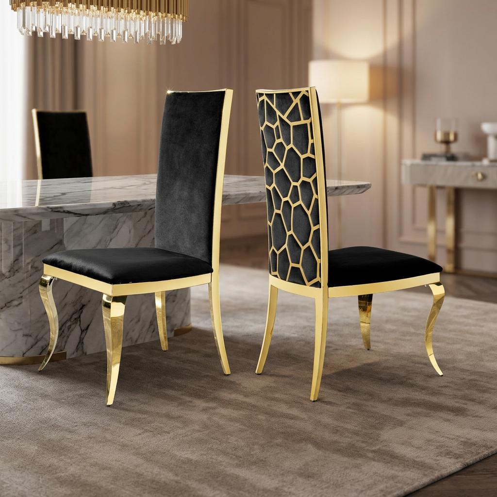7 Pieces Modern Luxury Oval Dining Table and Chairs set, Elegant Household Kitchen Table with 6 Plush Black Velvet Padded Seats, Sleek Tempered Glass Tabletop & Shiny Gold Stainless Steel Support Legs, Stylish Kitchen Home Furnishing