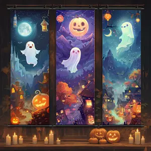 3 Counts Halloween Hanging Banner, Cute Ghost And Pumpkin Village, Halloween Mural And Decorative Posters, Fun Party Decorations, Horror Themes, Living Room, Bedroom, Home Posters, High Definition, Waterproof, Ideal Gifts, Wall Hanging Backdrop