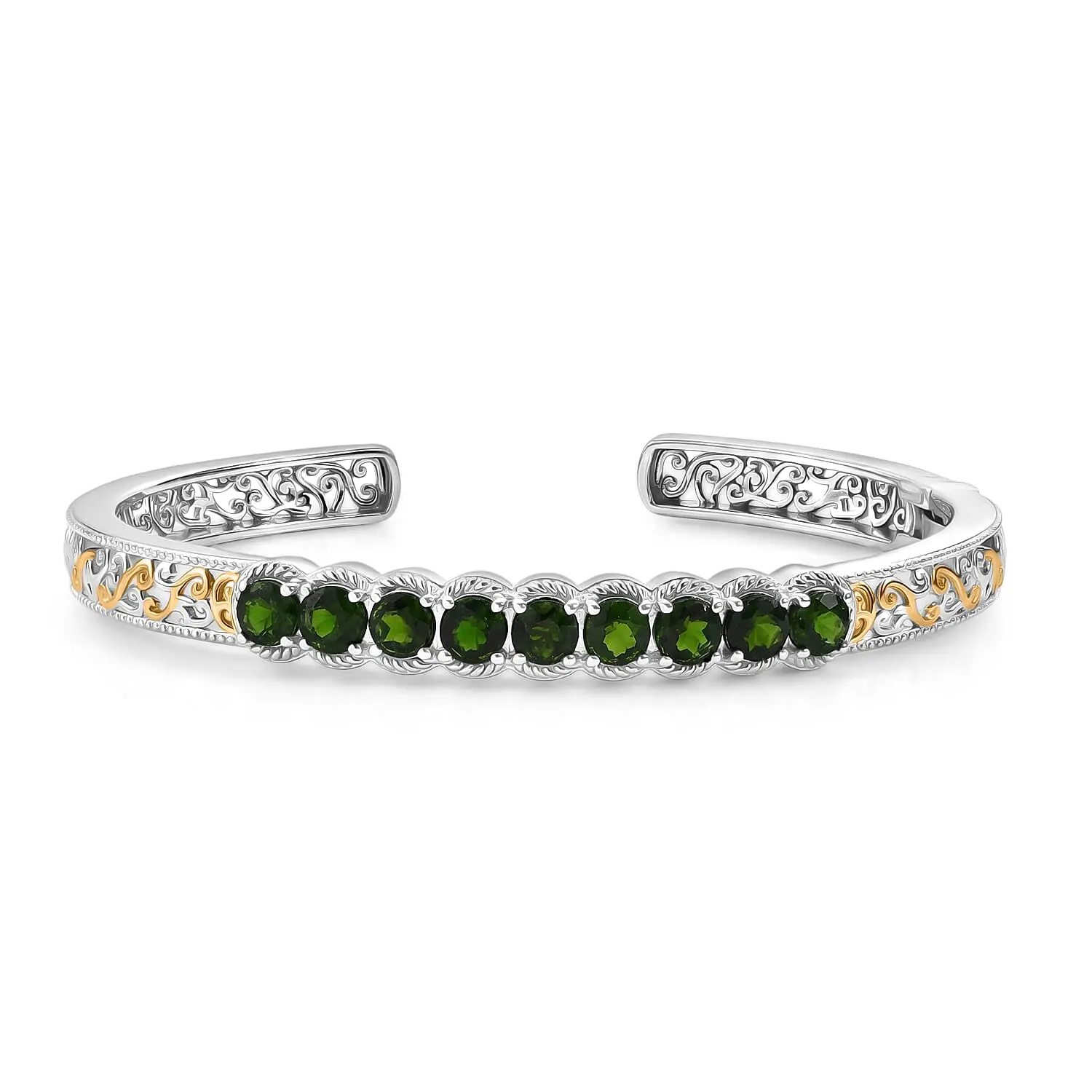 EverTrue Chrome Diopside Emerald Glow Curve Cuff Bangle Bracelet in 18K YG Plated and Platinum Bond (7.25 In) 5.15 ctw