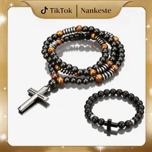 8mm Black Onyx Hematite and Tiger Eye Beaded Necklace with Cross Bracelet Set Triple Protection Religious Jewelry for Anxiety Relief,Fashion Jewelry Gift  Lucky Jewelry Wealth Attraction Protection Auspicious Amulet Christmas Birthday Gift