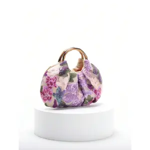 1pc Colorful Sequin Contrast Mesh Floral Embroidery Cloud Design Unique Linen Bottom Handbag For Women, Pleated Wrinkled, Summer Beach Vacation Style