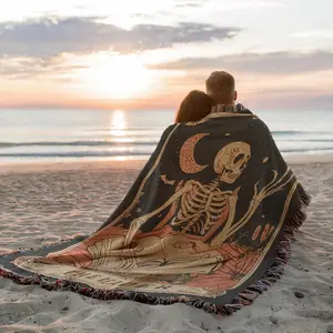 Skeleton Reader  Pattern Yarn Woven Portable Bohemian Outdoor Camping picnic blanket Blanket with Fringe, All Weather Easy To Care, Colorfast Chunky Soft Throw, Used for Picnic Travel Garden Office Nap Home Decor Bed Chair Tapestry Tablecloth