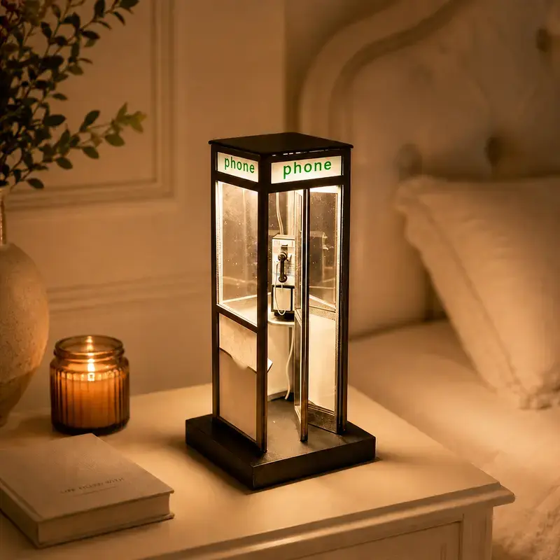 Traditional Classic Vintage Telephone Booth LED Table Lamp - Compact Size Decoration, Creative Bedroom Bedside Night Light, Indoor Recreation Home Ornament for Festivals, Resin, Table Lamps, Bedroom Decor, Led Lighting, Retro Look, Resin Body