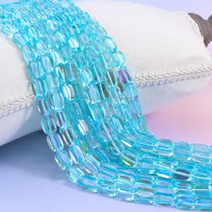 Light Blue Mystic Aura Rectangle Glass Beads: Iridescent Jewelry Making Supply, 15 Inch Strand