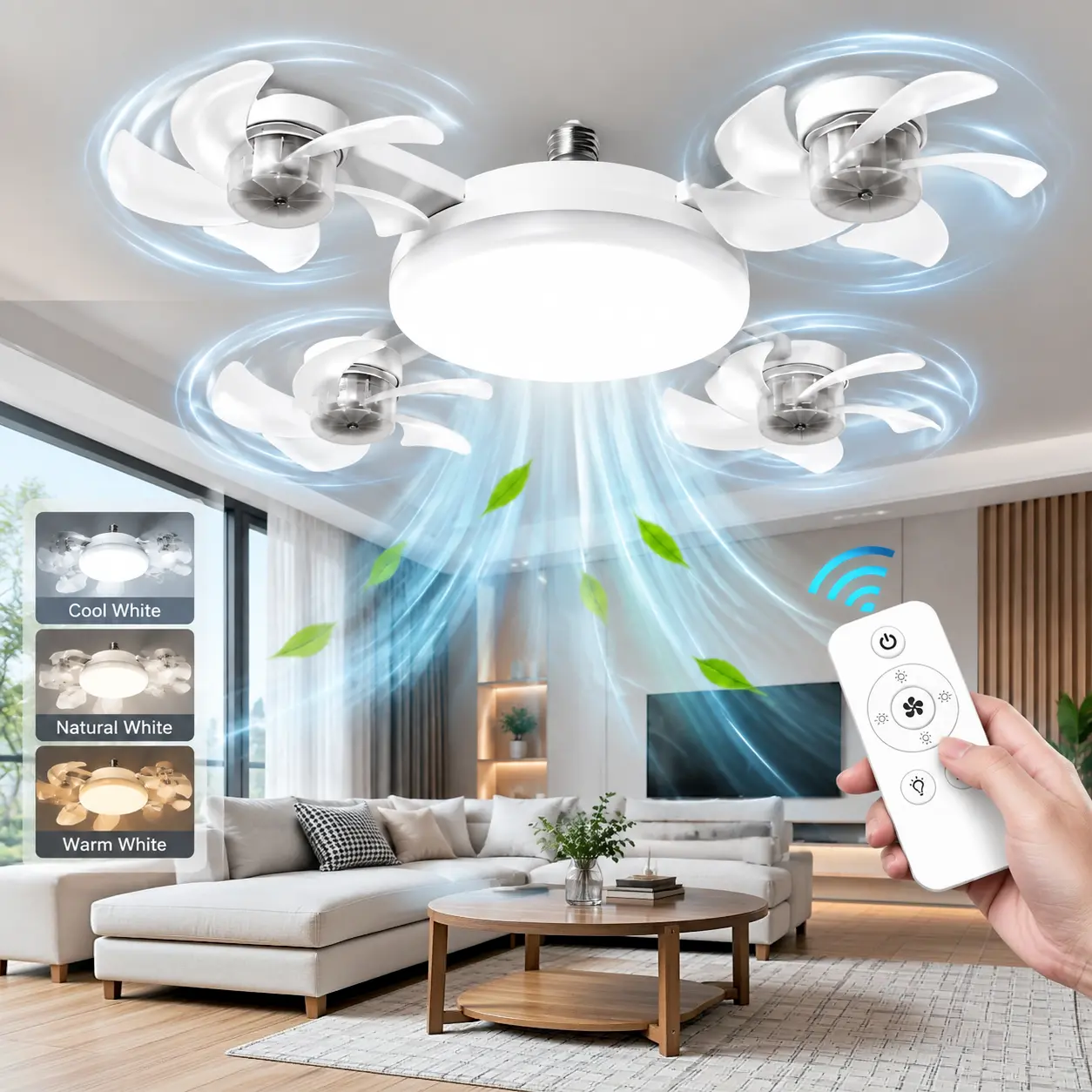 Indoor Recreation Foldable E26 Base Socket Fan Light with Remote Control, Ceiling Fan Light for Bedroom, Living Room