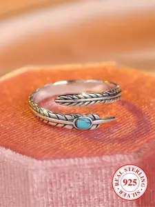 S925 Sterling Silver Boho Style  Cuff Ring, Adjustable Ring for Women & Girls, Trendy All-match & Exquisite Jewelry for Birthday Gift, Turquoise Texture Rings