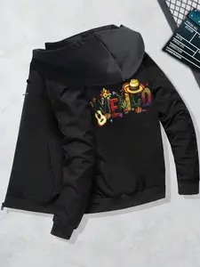 Mexican Style Zipper Sweatshirt with Guitar Letter Print, Wide Brim Hat Design, Perfect Holiday Cultural Expression, Casual Fitted Fit