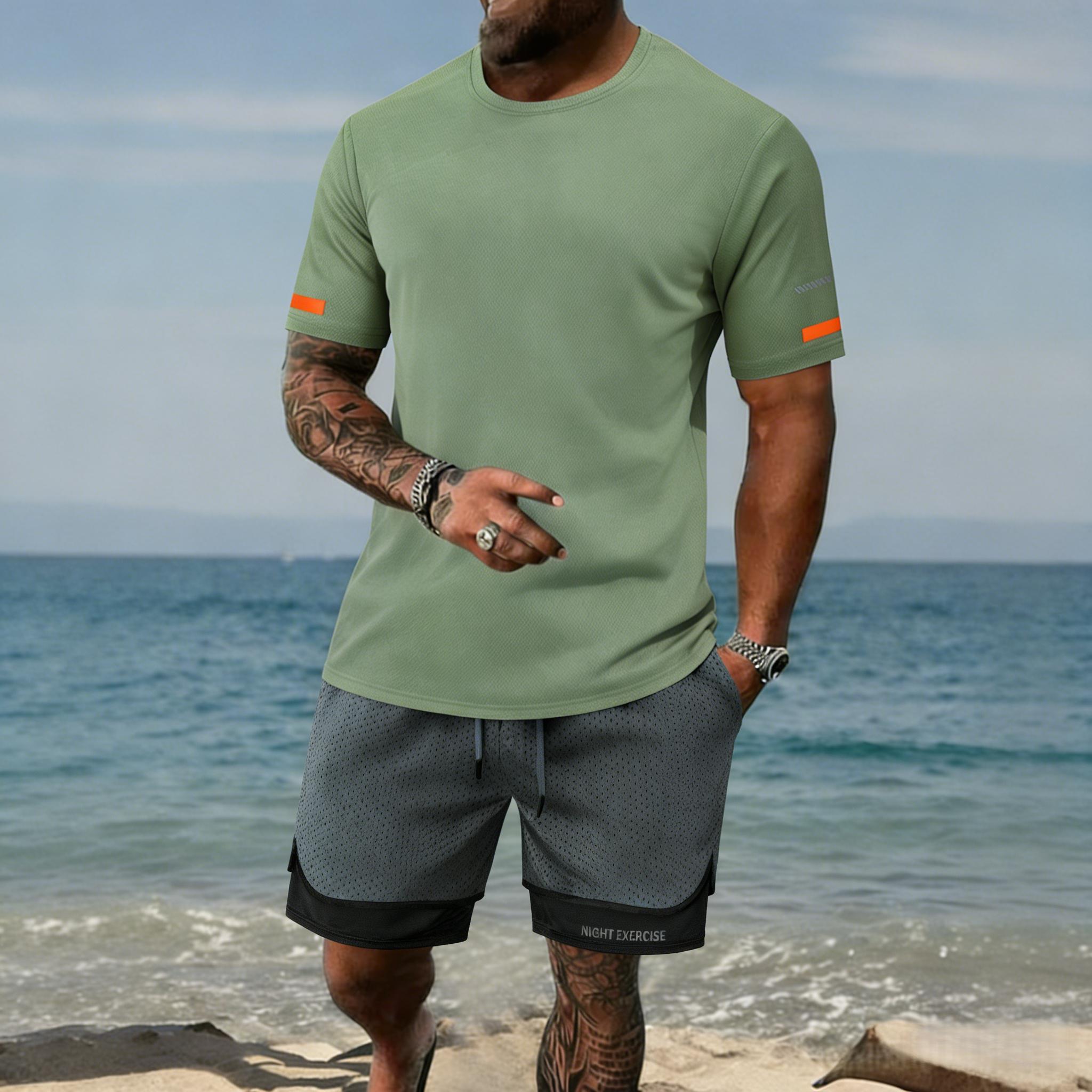 Men’s T-shirt and shorts set, regular fit, quick-drying, breathable, sweat-wicking; stylish sports-casual short-sleeve top and shorts combo—summer men’s apparel set.