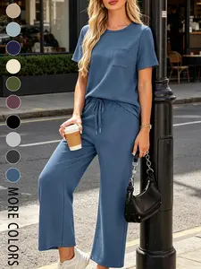 Women's Casual Plain Round Neck Pocket T-Shirt & Drawstring Wide Leg Pants Set, Loose Fit, Summer, Office Wear, Outdoor Fashion