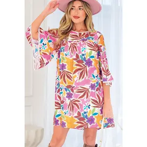 Pink Floral Print Lace Trimmed Tie Back Bell Sleev